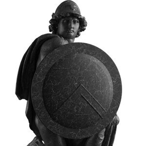 mars behind a round greek shield in black marble