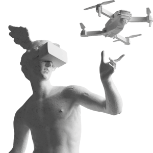 mercury statue with vr headset and drone